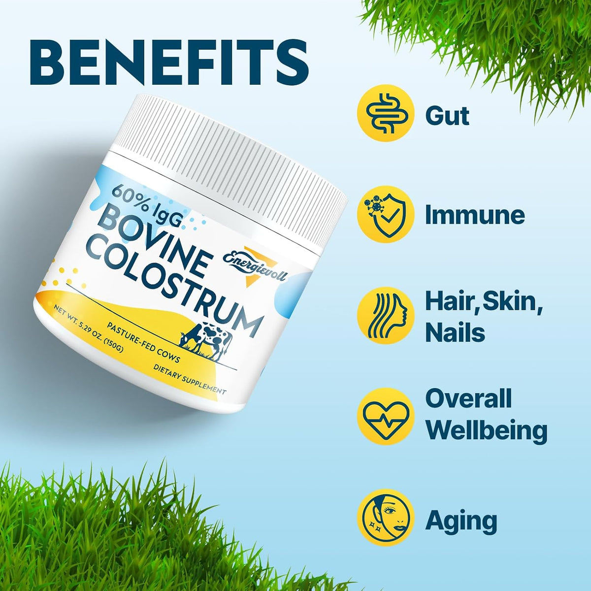 Energievoll Bovine Colostrum Food Supplement Powder - 60% IgG 3000 mg, Grass-Fed, Unflavoured (50 Servings) - görsel 6
