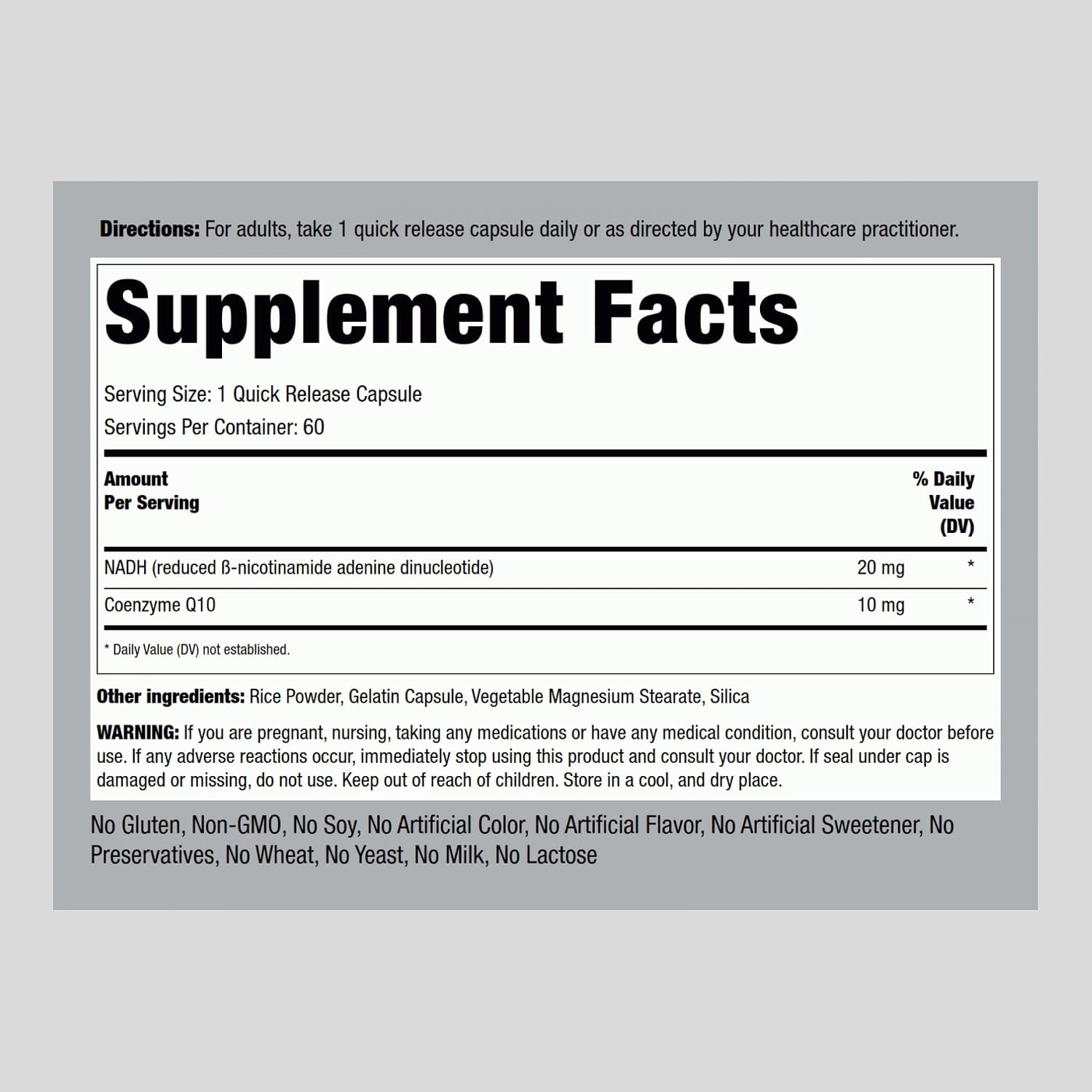 Piping Rock NADH CoQ10 Supplement, 20 mg, 60 Capsules - görsel 2