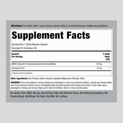Piping Rock NADH CoQ10 Supplement, 20 mg, 60 Capsules