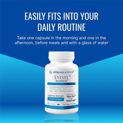 Approved Science EyeSyl – Eye Support Supplement with Chromium Picolinate, Taurine, Lutein, Zeaxanthin, Bilberry, BioPerine – 1 Month Supply – 60 Capsules – Made in the USA