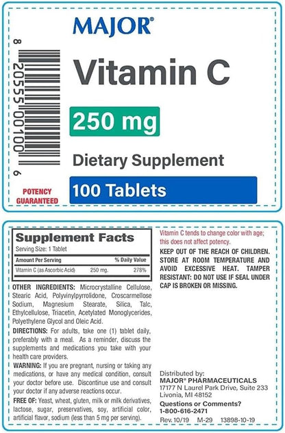 Major Vitamin C 100 Tablets 250mg Food Supplement for Adults