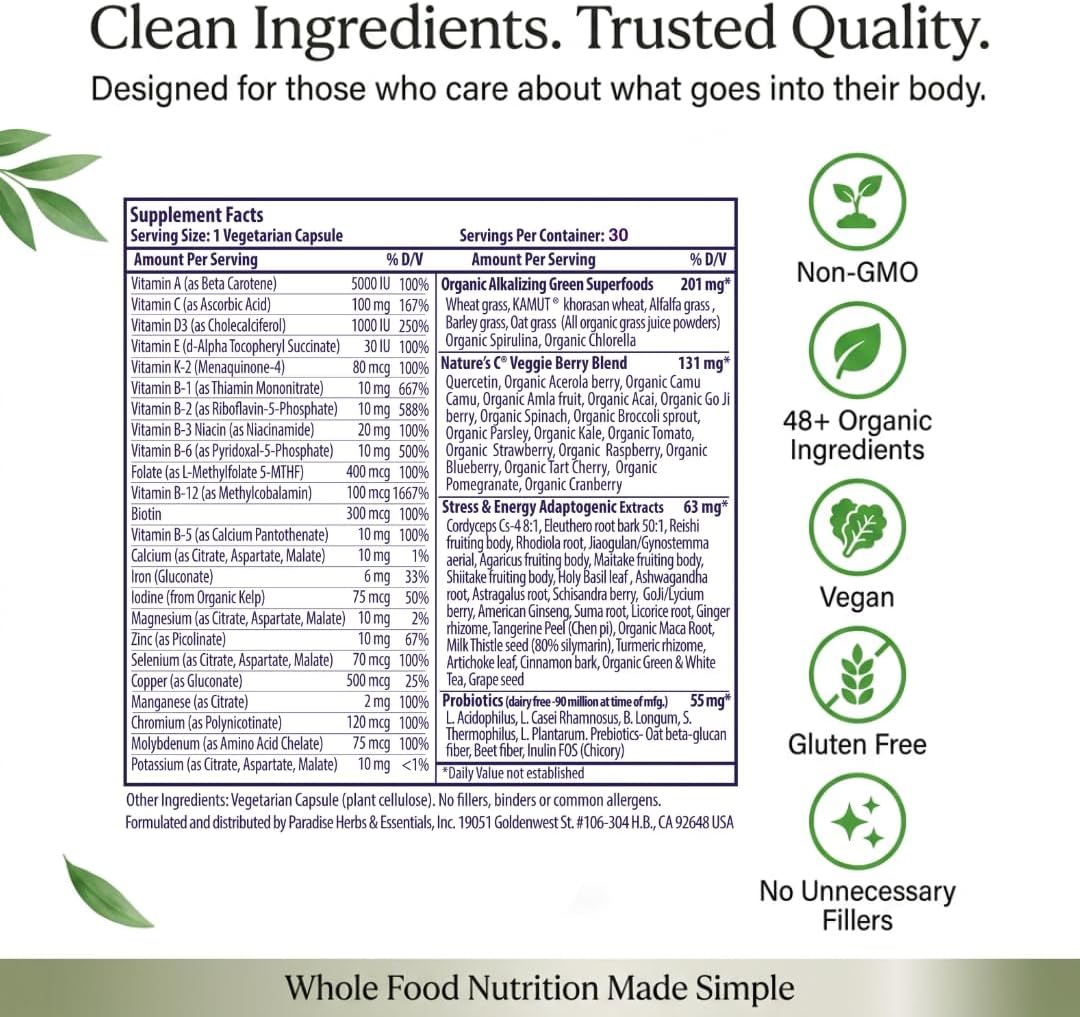 Paradise Herbs Earth's Blend Once Daily Multivitamin with Iron, 48 Organic Superfoods, Probiotics, Antioxidants, Vitamins A, B12, C, D, K2, Daily Superfood, 30 Capsules - görsel 7