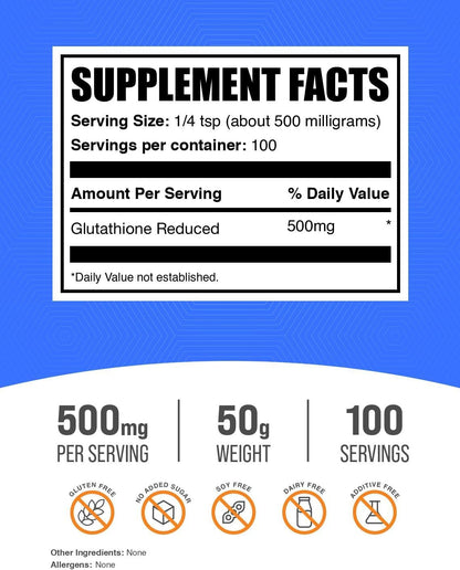 BulkSupplements.com Glutathione Reduced Powder – 500mg per Serving, 50g
