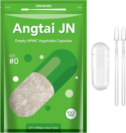 Angtai JN Size 0 Empty Capsules Vegan Plant Based Clear (100 Count) Gluten-free, Non-GM, Halal Certified Pill Caps Filling Kit with 2 Spoons for Vegetarian DIY Your Own Supplements