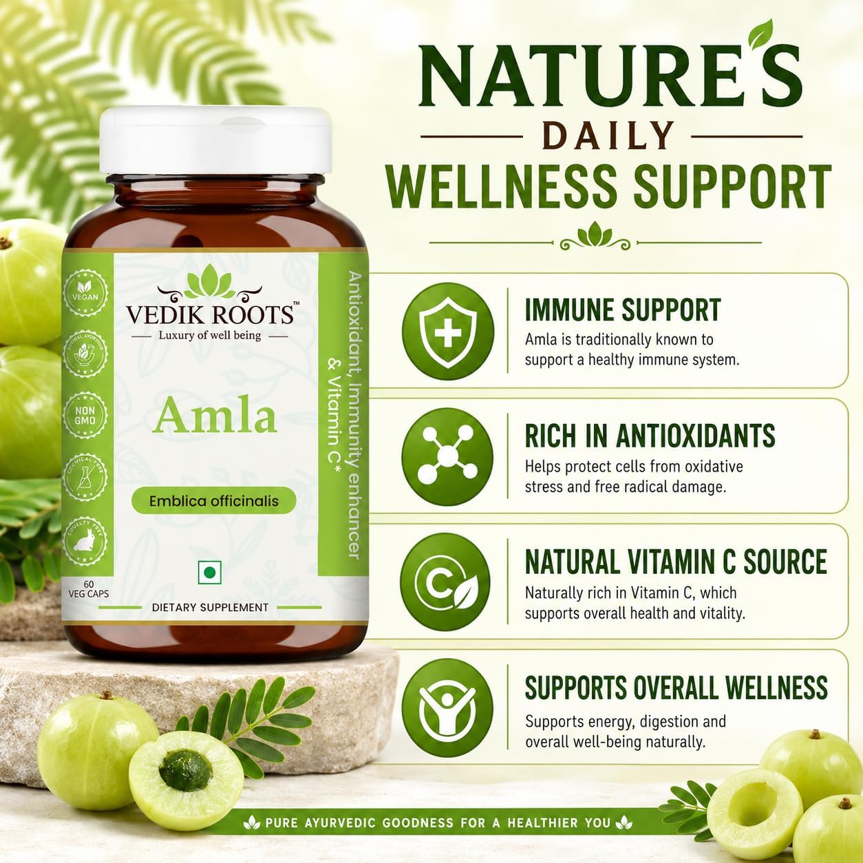 VEDIKROOTS Amla Capsules - 100% Organic Immunity Enhancer, Natural Vitamin C Supplement (60 Capsules) - görsel 3