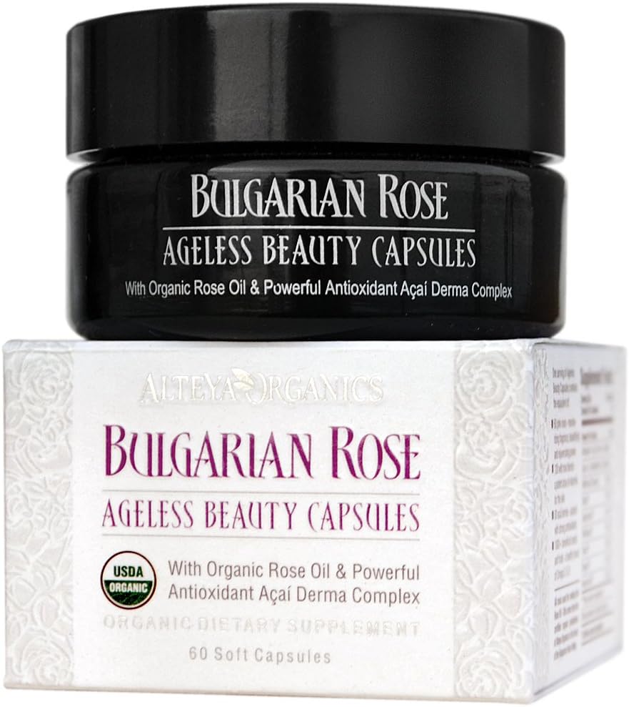 Alteya Organics Bulgarian Rose Ageless Beauty Capsules with Bulgarian Rose Oil and Antioxidant Acai Derma Complex - 30 Servings - görsel 1