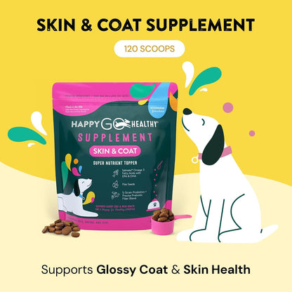 Happy Go Healthy Skin and Coat Supplements for Dogs – Probiotic and Prebiotic Benefits with Wild Salmon Omega-3s, 120 Count