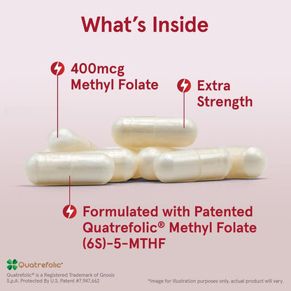Jarrow Formulae Extra Strength Methyl Folate 400 mcg, Dietary Supplement for Homocysteine Metabolism & Psychological Function, 60 Vegetable Capsules, 60-Day Supply