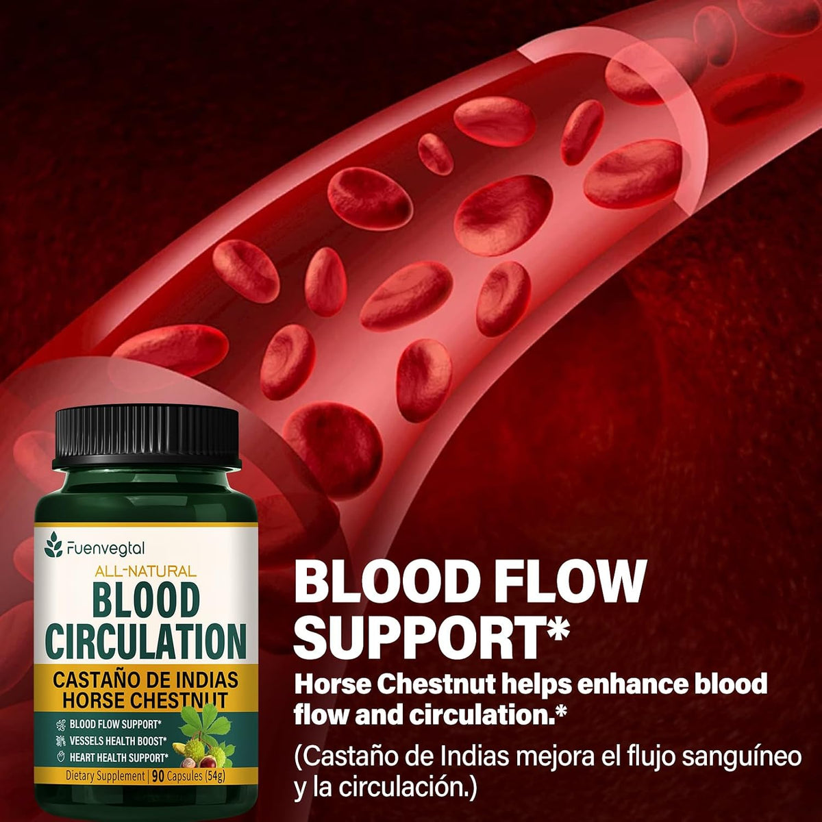 Fuenvegtal Horse Chestnut Circulation Capsules - 10-in-1 Herbal Formula for Healthy Blood Flow & Nitric Oxide Support (90 Capsules) - görsel 2