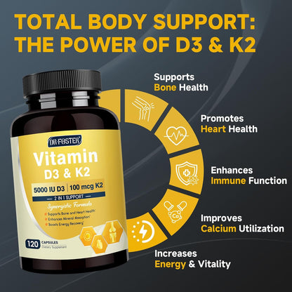 DRFOSTER Vitamin D3 K2 - High-Strength 5000IU D3 & 100mcg MK7 - Bone & Immune Support - with Zinc, Boron & MCT - 120 Vegan Capsules