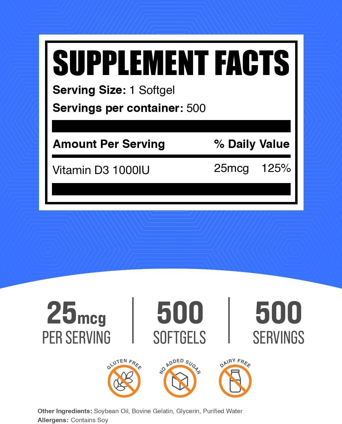 BulkSupplements.com Vitamin D3 1000 IU Softgels - 500 Count - görsel 2