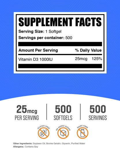 BulkSupplements.com Vitamin D3 1000 IU Softgels - 500 Count