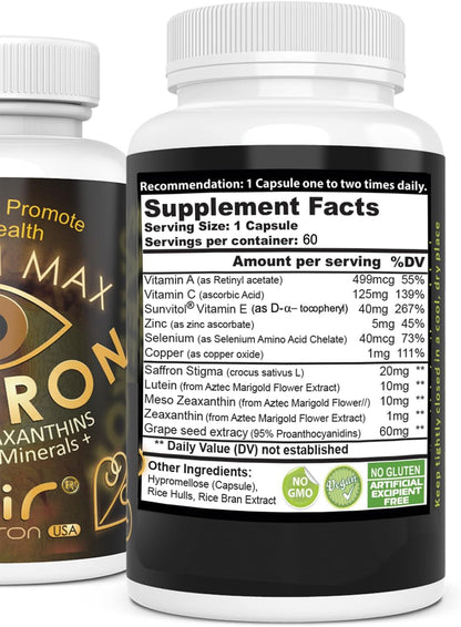 Eye Vitamins Supplement – Nutritional Support with Saffron, Lutein, Grape Seed & Vitamins, 60 Capsules