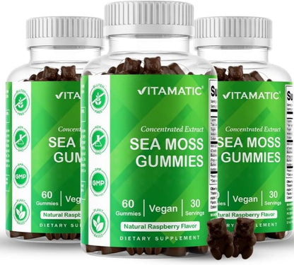 Vitamatic Irish Sea Moss Gummies with Bladderwrack & Burdock Root – Botanical Extract Supplement – Vegan, Non-GM – 60 Count (3-Pack)