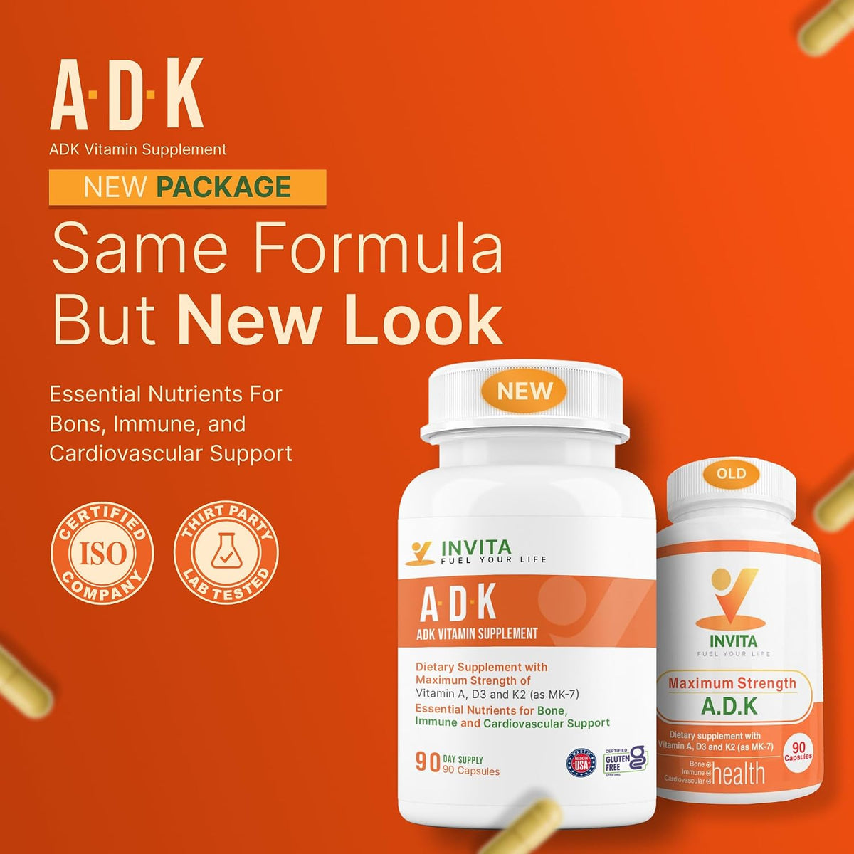 INVITA ADK Vitamin Supplement – 90 Capsules – Vitamin A, D3 5000 IU & K2-MK7 - görsel 2