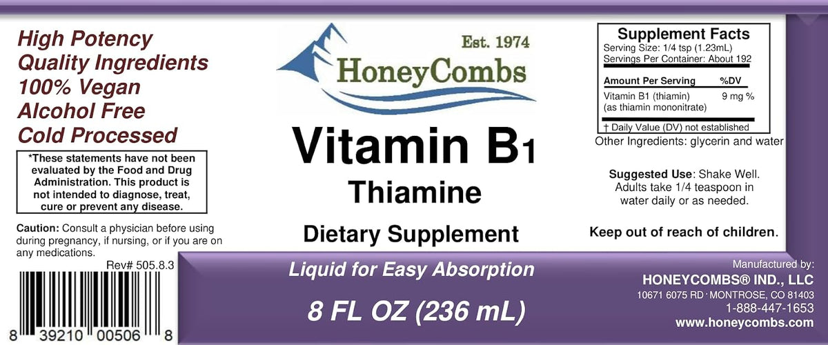 HoneyCombs Vitamin B1 Supplement (Thiamine) Liquid Drops - High Potency Thiamine B1 for Men & Women - Nervous System, Energy & Overall Health - Vegan Liquid B Vitamins (240 ml) - görsel 2
