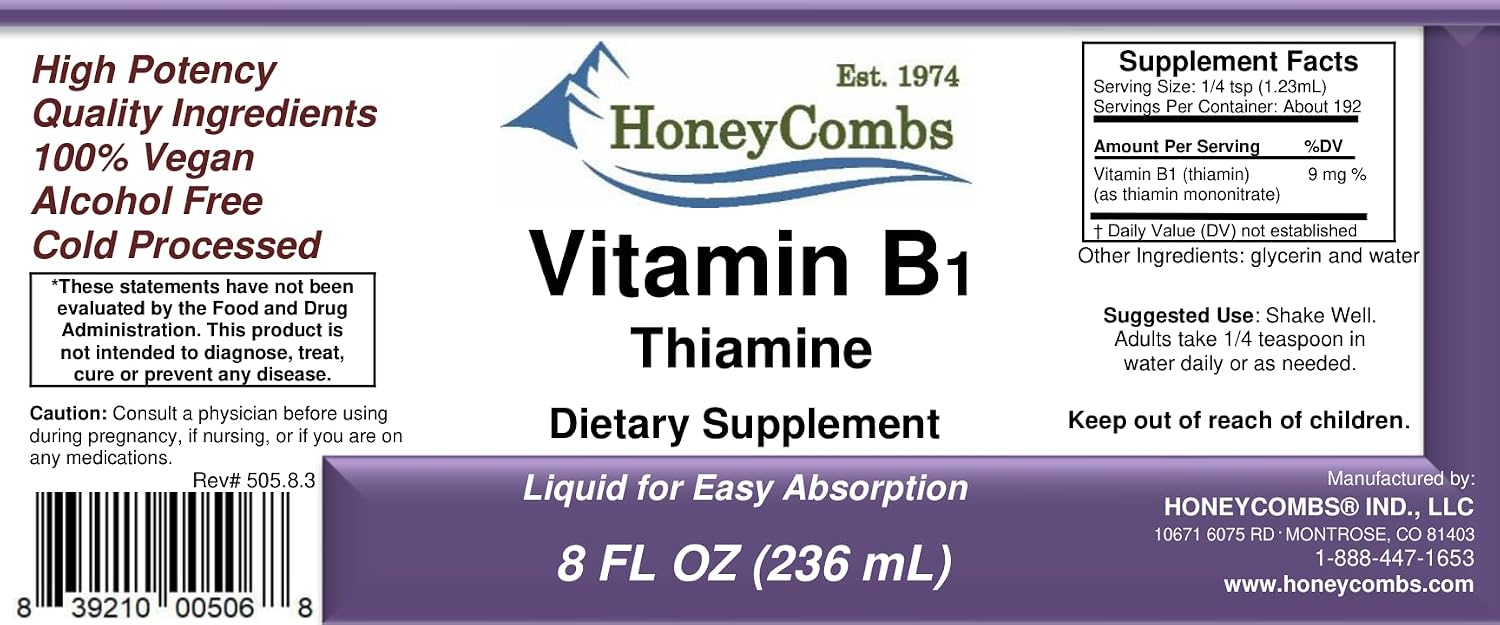 HoneyCombs Vitamin B1 (Thiamine) Supplement Liquid Drops - High Potency for Men & Women - Vegan Liquid B Vitamin (240 ml) - görsel 2