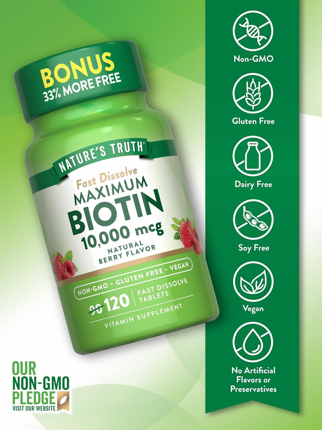 Nature's Truth Biotin 10,000 mcg Fast Dissolve Tablets, Natural Berry Flavour, 360 Tablets - görsel 3