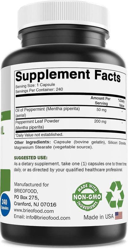 Brieofood Peppermint Oil Complex – 250 mg – 240 Capsules – Supports Digestive Comfort – Gluten-free & Non-GMO