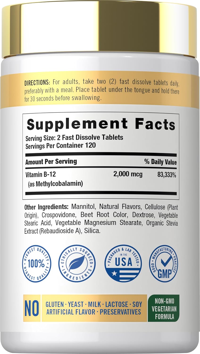 Carlyle B12 Vitamin 2000 mcg - Sublingual Methylcobalamin Fast Dissolve Tablets, Berry Flavour, 240 Count - görsel 2