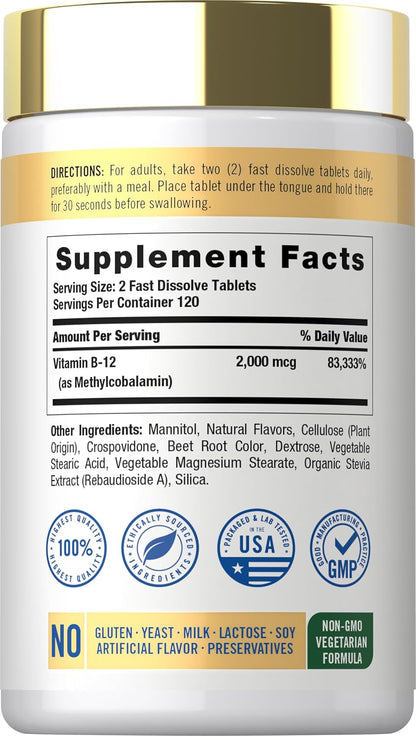 Carlyle B12 Vitamin 2000 mcg - Sublingual Methylcobalamin Fast Dissolve Tablets, Berry Flavour, 240 Count