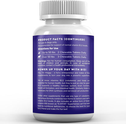 Wonder Paws B12 Supplement for Dogs – Vitamin B-12 for All Ages, Sizes and Breeds – Methylcobalamin, Cobalamin and Folate (5-MTHF) – 90 Beef Flavoured Chewables