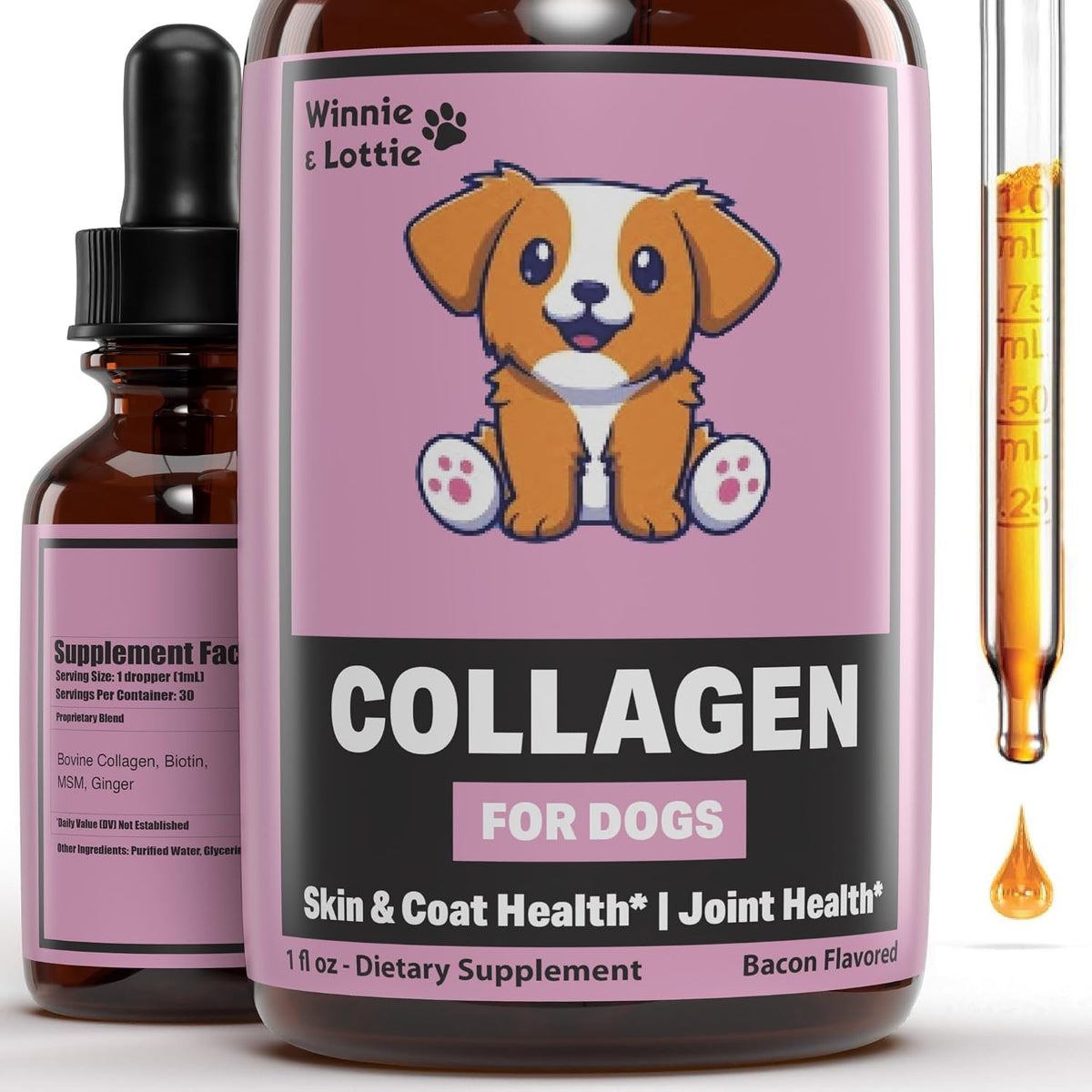 Collagen for Dogs – Liquid Collagen Supplement – Skin and Coat Support – Dog Collagen Drops – 1 fl oz (30 ml) – Bacon Flavour - görsel 1