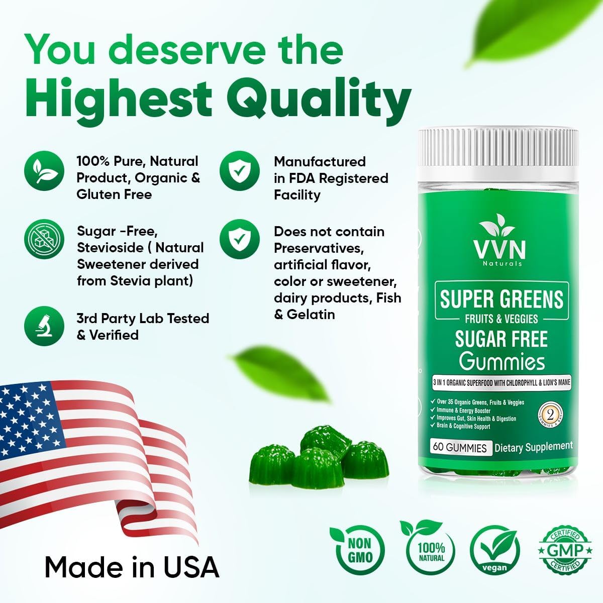 VVN Naturals Sugar-Free Organic Super Greens & Fruits Gummies (60 Vegan Gummies) - görsel 5