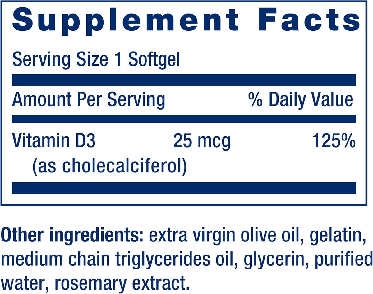 Life Extension Vitamin D3 25 mcg (1000 IU) - 250 Softgels - görsel 3