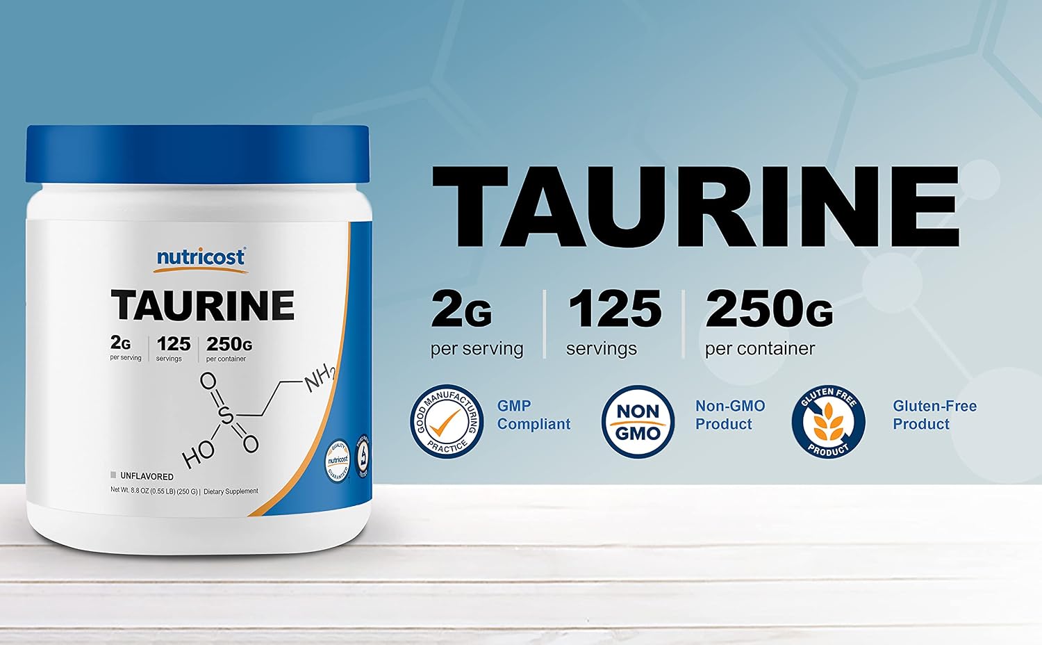 Nutricost Taurine Powder 250 Grams - 125 Servings, 2000mg Per Serving - görsel 3