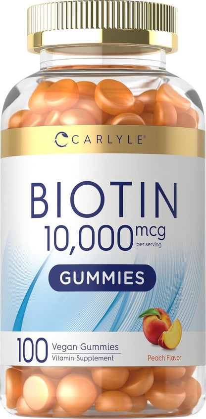 Carlyle Biotin 10000mcg Gummies – 100 Count, Peach Flavour, Vegan, Non-GMO, Gluten-free