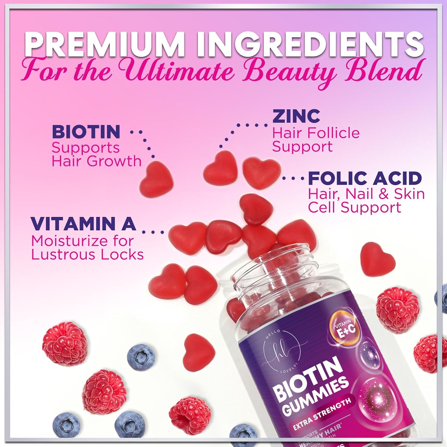 Hello Lovely Hair Vitamins Gummies – Biotin 5000 mcg with Vitamins E and C for Hair, Skin and Nails – 60 Gummies - görsel 3