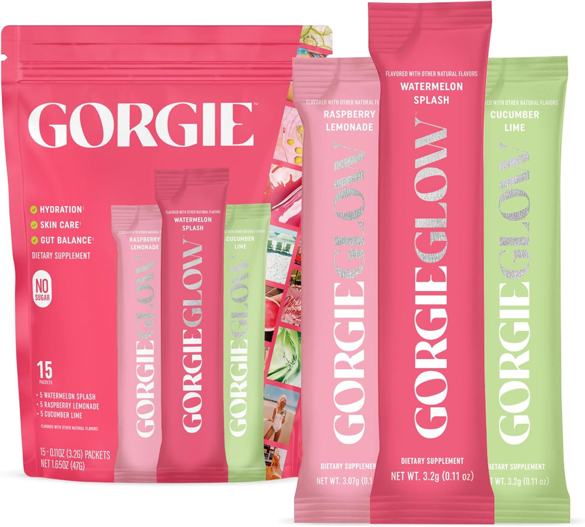 GORGIE Glow Hydration Sachets – Sugar-Free Electrolyte Powder Sachets with Hyaluronic Acid, Probiotics, Aquamin, Vitamins C & D – Variety Pack (15 Sachets) - görsel 1