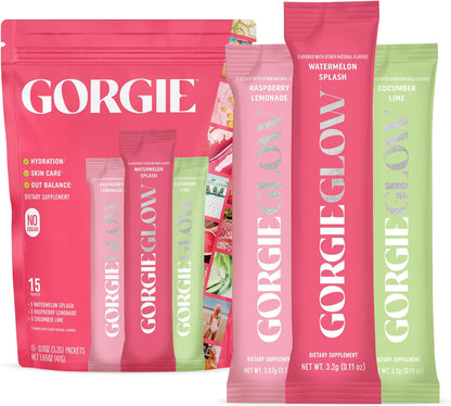 GORGIE Glow Hydration Sachets – Sugar-Free Electrolyte Powder Sachets with Hyaluronic Acid, Probiotics, Aquamin, Vitamins C & D – Variety Pack (15 Sachets)