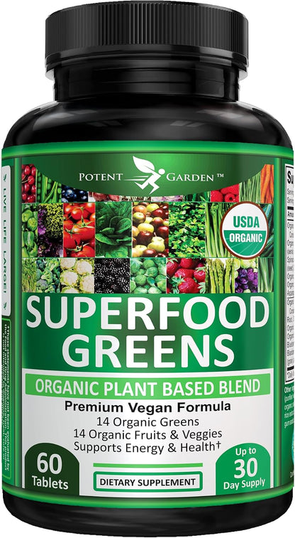 Potent Garden Super Greens Capsules - Organic Fruits and Vegetables Supplement, 60 Capsules