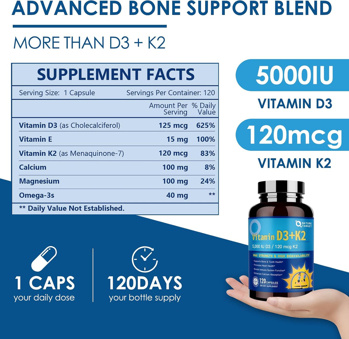 NATURE TARGET Vitamin D3 K2 with Calcium & Magnesium - 6-in-1 Complex for Bone, Heart and Immune Support - görsel 2