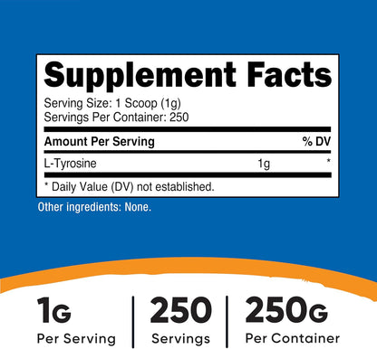 Nutricost L-Tyrosine Powder – 250 Grammes (250 Servings, 1000 mg per Serving)