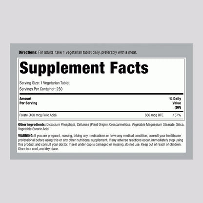 Piping Rock Folic Acid | 400 mcg | 250 Vegetarian Tablets | Non-GMO, Gluten-free Supplement