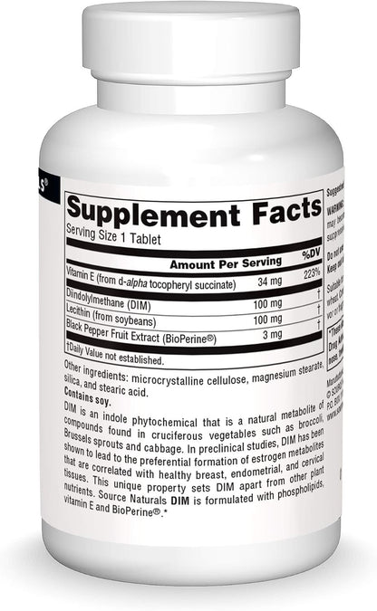 Source Naturals DIM, Diindolylmethane 100mg with BioPerine, Vitamin E & More - 60 Tablets