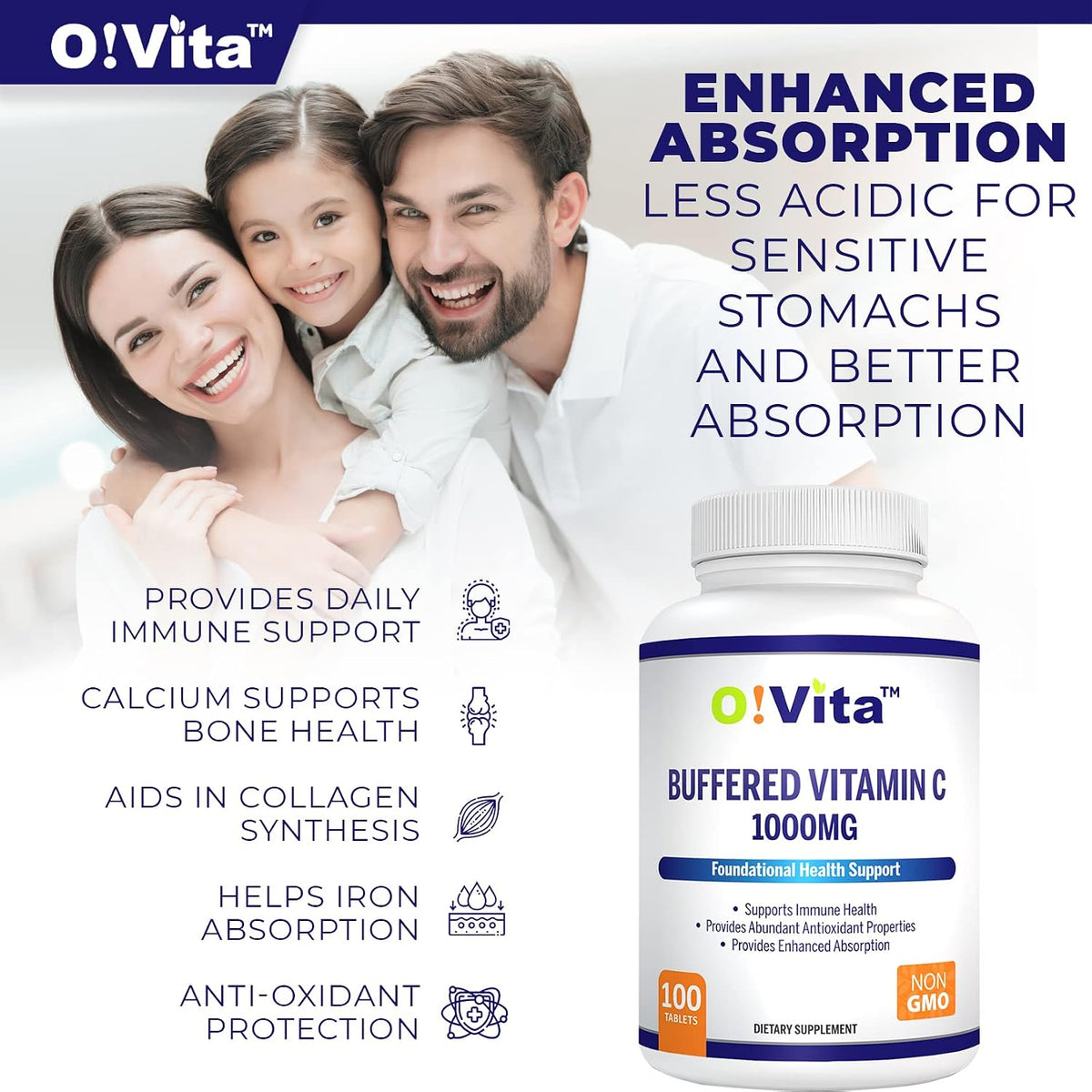O!VITA Buffered Vitamin C 1000mg – Non-GM Tablets for Immune System Support, 100 Tablets - görsel 2
