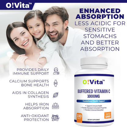 O!VITA Buffered Vitamin C 1000mg – Non-GM Tablets for Immune System Support, 100 Tablets