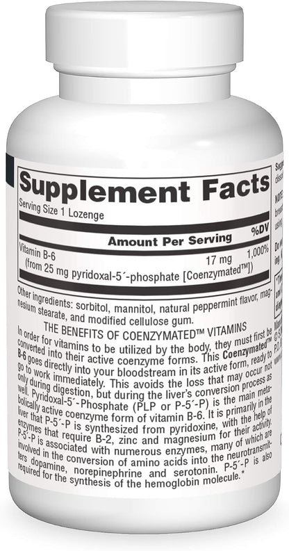 Source Naturals Coenzymated B-6 25 mg – Pyridoxal-5-Phosphate (P5P) Sublingual Lozenges – 30 Lozenges
