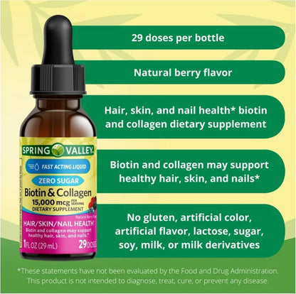 Liquid Biotin and Collagen 15000 mcg, Natural Berry Flavour, Drops for Hair, Skin, Nails (Pack of 2)