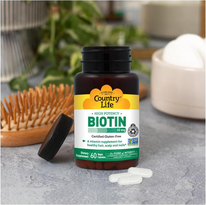 Country Life Vitamins High Potency Biotin 10,000 mcg (10 mg), 60 Count - Supplement for Hair, Scalp & Nails - Certified Gluten-free