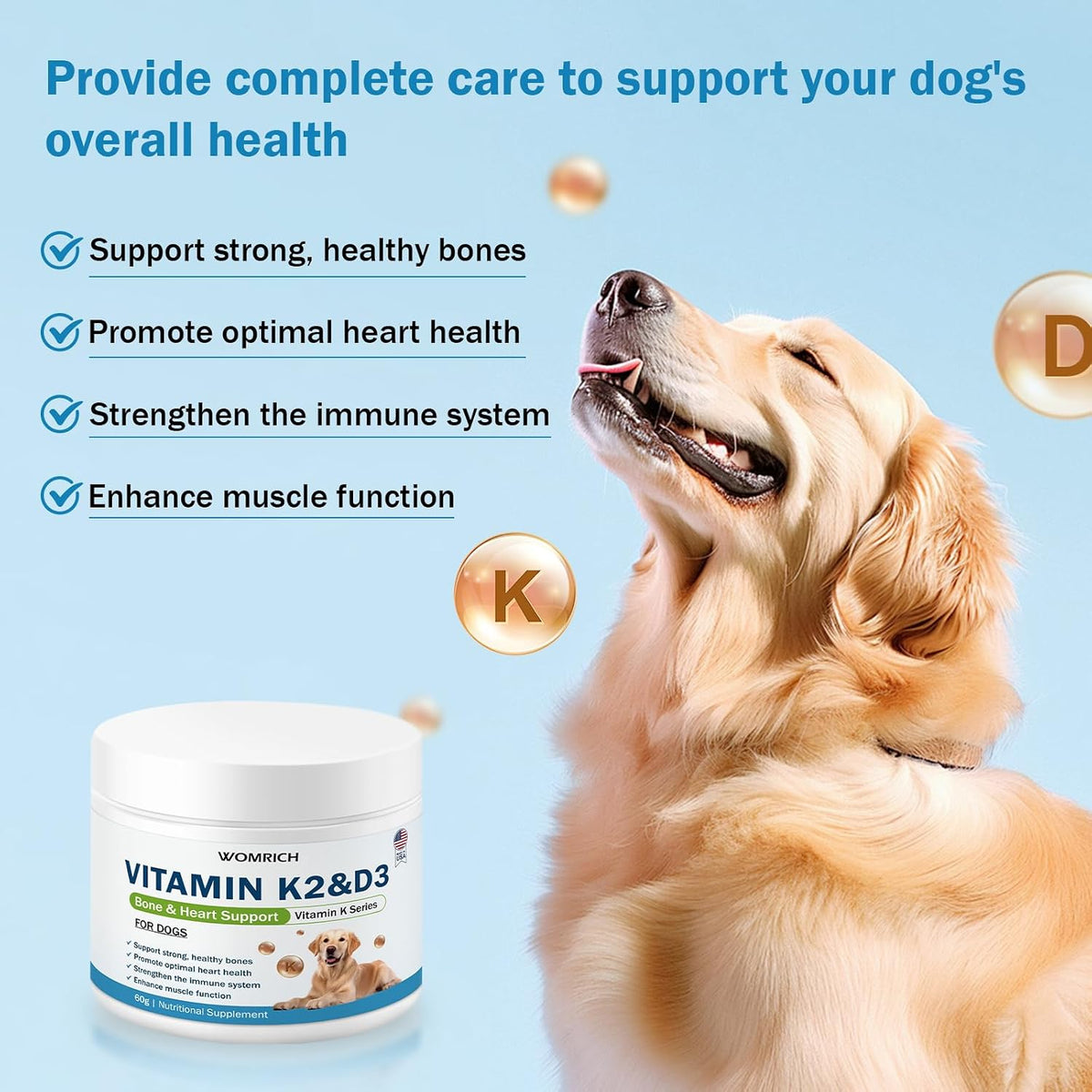 Vitamin K2 & D3 Supplement for Dogs – 60g | Vitamin Complex Supports Strong Bones, Cardiovascular Health, & Immune Function | Vitamins K for Dogs, Vitamins K1 & K2 (MK4 & MK7) + Vitamins D3 - görsel 2