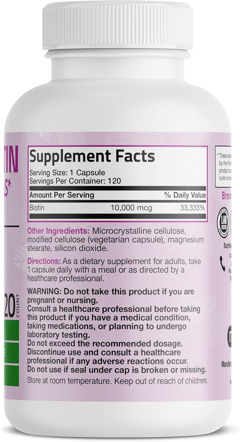 Bronson Ultra Biotin 10,000 mcg - Hair, Skin, and Nails Supplement, Non-GMO, 120 Vegetarian Capsules - görsel 2