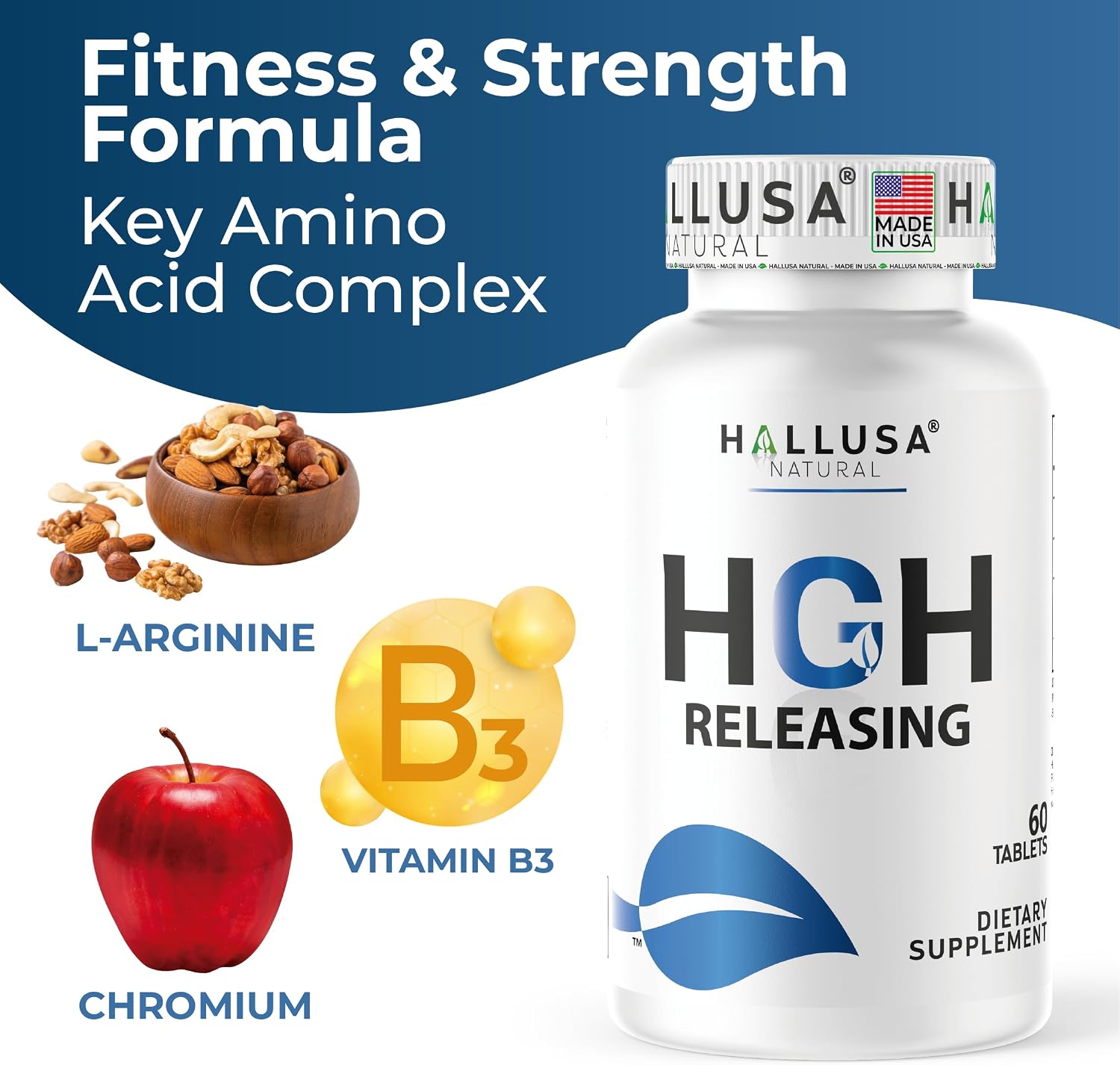 HGH-Releasing Support Supplement with L-Arginine & Ornithine | Nitric Oxide Support for Muscle Recovery, Energy & Performance | Amino Acid Complex with Vitamin B3 & Chromium | 60 Tablets - görsel 3