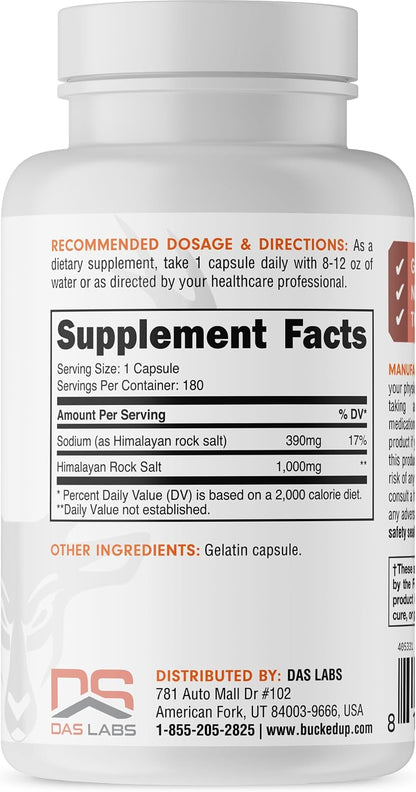 Bucked Up Himalayan Salt 1000mg Capsules, 180 Servings