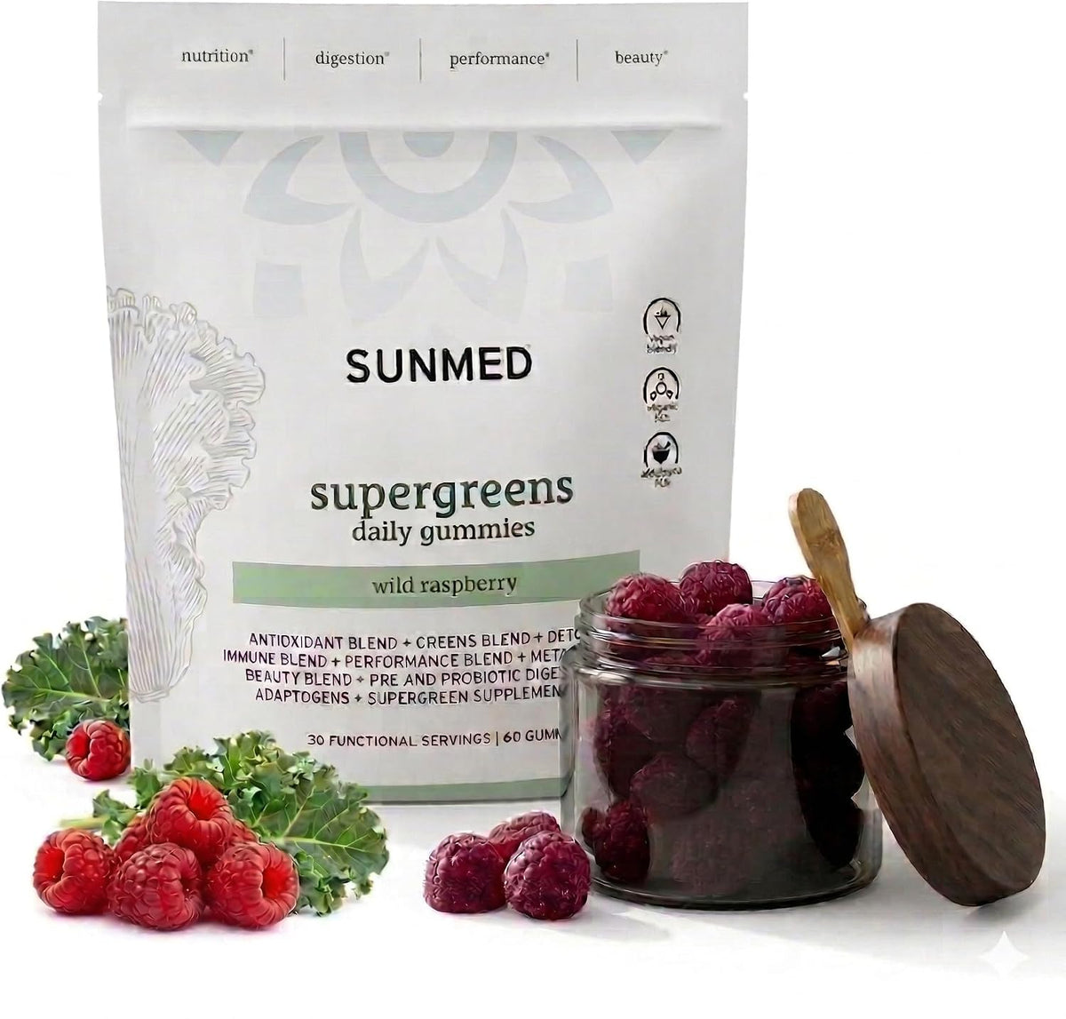 SUNMED Supergreens Daily Gummies - Wellness Blend, Wild Raspberry, 60 Count - görsel 1