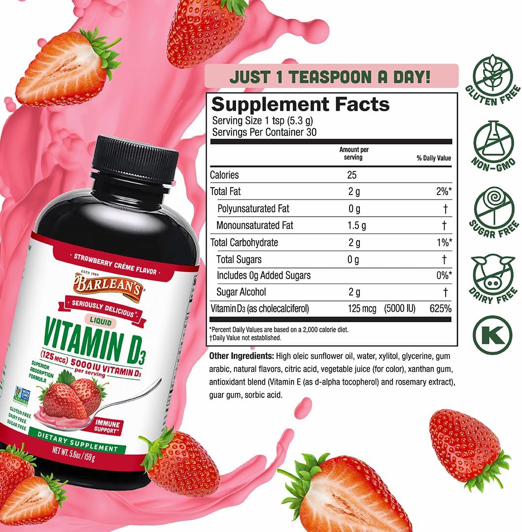 Barlean's Vitamin D3 Liquid Supplement - 5000 IU Strawberry Milkshake (Pack of 2, 166 ml Each) - görsel 1